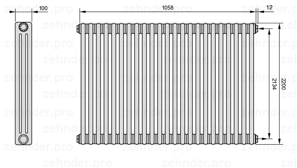 Схема (чертеж) Радиатор Zehnder Charleston 3220/23 №7610 Белый глянцевый RAL 9016